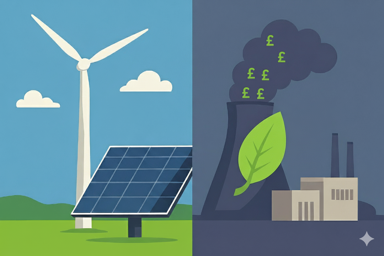 Split screen image, left side turbine and solar farm, right side a power station with green wash leaf sign. Illustration.
