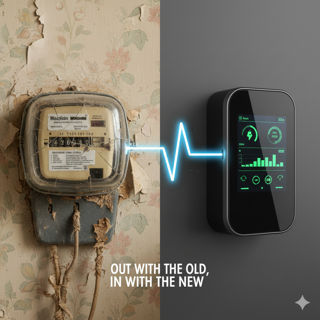 An old, dusty electricity meter on one side of the image (cracked plastic, yellowed numbers, very 90s) and on the other side a sleek smart meter glowing with data, linked by a bright line of energy. Almost like “out with the old, in with the new.”