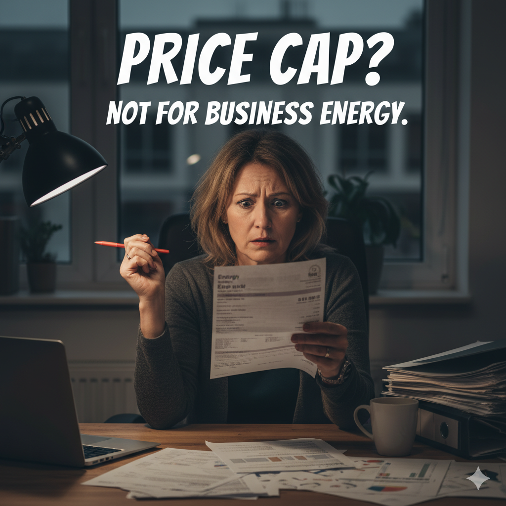 A confused Business person at a desk looking at an energy bill with “Price Cap?” above their head.
