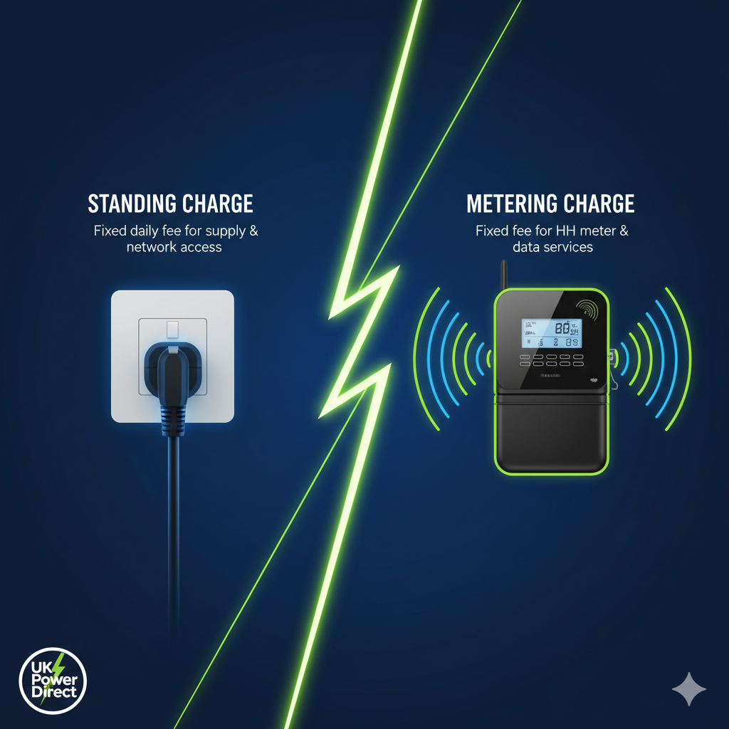 Split image: left side shows a power cable plugged into a socket (for “Standing Charge”), right side shows a digital meter transmitting data with signal waves (for “Metering Charge”). Your UK Power Direct logo in the bottom corner, deep electric blue background, bright lime green accent lines connecting the two sides.